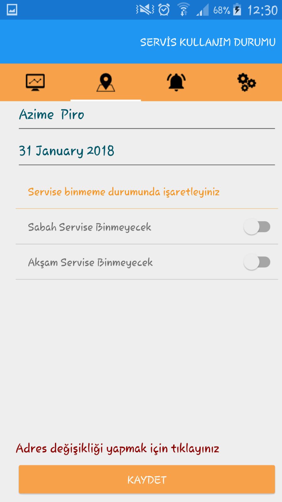 Servise Binip Binmeme Durumu Kontrolü Ekranı